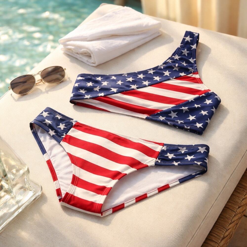 Womens Patriotic Bikini Set Medium One Shoulder Top Beachy Vacation 4th of July